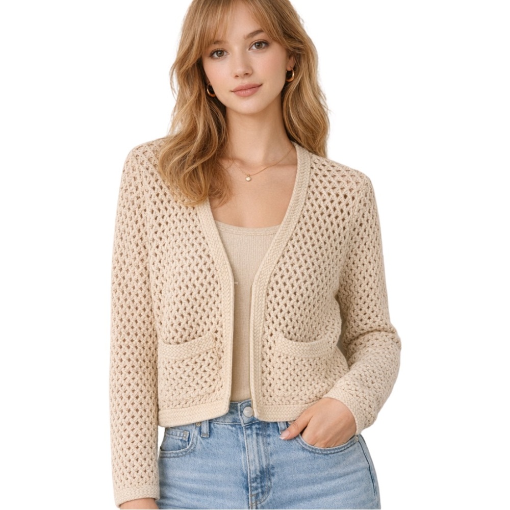 Joie Cream Open-Knit Crotchet Cardigan Sweater Set NWT